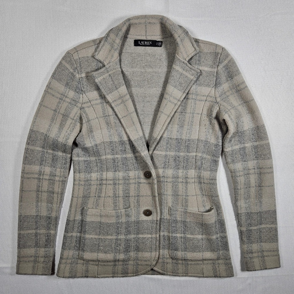 Ralph Lauren Womens Plaid Knit Blazer Jacket Small Wool Cashmere Cotton Blend